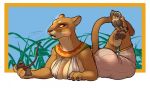  2018 anthro big_breasts border breast_rest breasts brown_nose choker claws cleavage clothed clothing digital_media_(artwork) egyptian feline female fur lion lying mammal on_front pawpads pipe reeds siroc smoke_pipe smoking solo tan_fur white_border yellow_sclera 