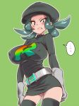  &gt;:( 1girl adapted_costume belt blue_eyes blue_hair blush breasts cabbie_hat covered_nipples dress gloves green_background half-closed_eyes hat large_breasts long_sleeves pokemon pokemon_(game) pokemon_usum simple_background single_letter skirt solo sweatdrop team_rainbow_rocket team_rainbow_rocket_grunt team_rainbow_rocket_uniform thighhighs thought_bubble twintails v-shaped_eyebrows zaitsu 