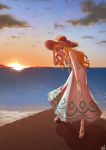  :d absurdres blonde_hair blue_eyes blush bracelet breasts chanakim cleavage dress flower hat hat_flower highres idolmaster idolmaster_cinderella_girls jewelry leaning_forward long_hair looking_at_viewer medium_breasts o-ring ocean ootsuki_yui open_mouth pier sandals signature smile solo sun_hat sundress sunset 