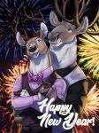  anthro antlers bow_tie cervine deer duo eclipticafusion_(artist) fireworks holidays hooves horn male male/male mammal new_year reindeer smile teeth 