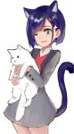  absurdres abuwei_shenshijun animal_ears blue_hair cat cat_ears commentary darling_in_the_franxx green_eyes hair_ornament hairclip highres holding holding_cat ichigo_(darling_in_the_franxx) military military_uniform one_eye_closed open_mouth short_hair simple_background standing tail uniform white_cat 