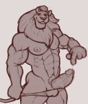  2017 2lubkhland 4_fingers abs anthro balls butt clothed clothing disney feline leodore_lionheart lion male mammal muscular muscular_male nipples penis precum pubes simple_background skimpy smile solo standing vein veiny_penis white_background zootopia 