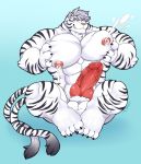  2_tails balls black_stripes feline fur grey_hair hair heterochromia hybrid_penis knot male male_lactation mammal milk_stream multi_tail nipples pec_milking penis pink_nipples projectile_lactation purple_eyes red_penis schwarzfox solo stripes teal_eyes tiger white_balls white_fur white_tiger 