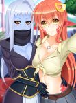  absurdres ahoge artist_name belt black_scarf black_sclera blacksaikou blue_hair blue_skin blurry blurry_background breasts cleavage collarbone commentary day front-tie_top gauntlets hair_between_eyes hair_ornament hairclip hand_on_another's_waist highres jewelry lala_(monster_musume) lamia large_breasts long_hair looking_at_viewer midriff miia_(monster_musume) monster_girl monster_musume_no_iru_nichijou multiple_girls navel necklace outdoors outstretched_arm pointy_ears reaching_out red_hair scales scarf self_shot shirt skirt slit_pupils smile tied_shirt yellow_eyes 