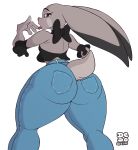  2018 anthro big_butt bow_tie butt clothed clothing digital_media_(artwork) dipstick_ears disney female jeans judy_hopps lagomorph lionalliance long_ears mammal open_mouth pants purple_eyes rabbit seams simple_background solo thick_thighs tongue tongue_out white_background zootopia 