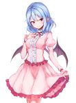  bangs bat_wings black_wings blue_eyes blush breasts center_frills cowboy_shot eyebrows_visible_through_hair frilled_shirt frilled_skirt frills hand_on_own_chest highres juliet_sleeves junior27016 long_sleeves looking_at_viewer medium_breasts medium_hair medium_skirt neck_ribbon no_hat no_headwear pink_shirt pink_skirt pointy_ears puffy_sleeves red_eyes red_neckwear red_ribbon remilia_scarlet revision ribbon shirt simple_background sketch skirt skirt_hold smile solo standing touhou tsurime white_background wings 