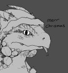  black_and_white christmas dialogue fangs floatrand forked_tounge hat holidays horn lizard monochrome reptile santa_hat scales scalie simple_background 