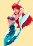  ariel_(disney) armpits arms_up bikini_top closed_eyes disney flower hair_flower hair_ornament happy lipstick long_hair makeup mermaid monster_girl orange_background red_hair shell shell_bikini simple_background smile solo the_little_mermaid u-min 