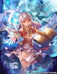  bangle bare_shoulders blue_fire book bracelet circlet company_name detached_sleeves dress fire fire_emblem fire_emblem:_akatsuki_no_megami fire_emblem_cipher half_updo jewelry long_hair magic micaiah nij_24 official_art open_book outstretched_arm red_eyes ring silver_hair smile solo spoilers thighs yune 