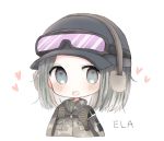 :d bad_id bad_pixiv_id baseball_cap black_hat blush camouflage camouflage_jacket character_name chibi cottontailtokki ear_protection ela_(rainbow_six_siege) goggles goggles_on_headwear grey_eyes hat jacket long_hair looking_at_viewer open_mouth rainbow_six_siege silver_hair simple_background smile solo white_background 