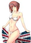  ark_royal_(kantai_collection) bangs bare_arms bare_shoulders bikini blue_eyes blunt_bangs blush bob_cut breasts cleavage closed_eyes closed_mouth collarbone cowboy_shot eyebrows_visible_through_hair flag hairband head_tilt holding holding_flag kantai_collection kuurunaitsu light_frown looking_at_viewer medium_breasts navel red_hair short_hair simple_background solo standing stomach swimsuit thighs two-handed union_jack white_background white_bikini 
