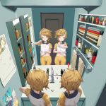  1girl androgynous aqua_eyes bathroom blonde_hair brother_and_sister brushing_teeth calendar_(object) door half-closed_eyes hand_on_own_stomach hatsune_miku highres kagamine_len kagamine_rin makeup messy_hair midriff_peek mirror mirror_twins navel pajamas pajamas_pull poster_(object) room sawashi_(ur-sawasi) scratching shampoo shampoo_bottle short_hair short_ponytail siblings sink sleepy soap toothbrush towel twins vocaloid yellow_pajamas 