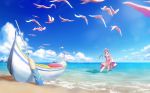  aria beach bird blurry blurry_background commentary_request day gondola hat highres long_hair mizunashi_akari ocean open_mouth paddle pink_hair sand seagull shiruko_sand short_hair_with_long_locks sidelocks sky solo standing surf uniform very_long_hair waves 