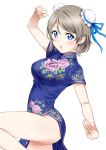  :o =o ass blue_eyes breasts china_dress chinese_clothes dress eyebrows_visible_through_hair floral_print hair_bun hair_ribbon love_live! love_live!_sunshine!! medium_breasts open_mouth pose ribbon rozen5 short_hair simple_background solo watanabe_you white_background 