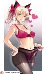  alternate_hair_color alternate_hairstyle animal_ears black_cat_d.va black_legwear blonde_hair bow bra breasts cat_ears commentary_request crotch_seam d.va_(overwatch) earrings fake_animal_ears hair_bow hand_on_hip heart heart_earrings highres jewelry light_blush looking_at_viewer medium_breasts navel open_mouth overwatch panties panties_under_pantyhose pantyhose pantyhose_pull pink_bra pink_panties smile solo stomach twintails underwear yellow_eyes yo-nashi 