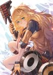  absurdres bangs bike_shorts black_gloves blonde_hair blush commentary_request eyebrows_visible_through_hair eyes_visible_through_hair fang_out girls_frontline gloves green_eyes gun hair_between_eyes hairband highres holding holding_gun holding_weapon jacket long_hair looking_at_viewer machinery messy_hair open_mouth orange_hairband pleated_skirt pouch s.a.t.8_(girls_frontline) shotgun shotgun_shells shotgun_speed_loader sidelocks skirt smile snow snowing solo squatting ten_no_hoshi thighs very_long_hair weapon 