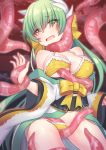  ap@meito bangs bikini blush bow breasts cleavage commentary_request dragon_girl dragon_horns eyebrows_visible_through_hair fate/grand_order fate_(series) green_hair highres hips horns japanese_clothes kimono kiyohime_(fate/grand_order) kiyohime_(swimsuit_lancer)_(fate) large_breasts long_hair obi off_shoulder open_clothes open_kimono open_mouth restrained sash slime solo swimsuit tears tentacles thighs white_kimono wide_sleeves yellow_bikini yellow_bow yellow_eyes 