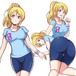  1girl all_fours ass ayase_eli bike_shorts blonde_hair blue_eyes blush breasts from_behind gym_clothes hairclip large_breasts long_hair looking_at_viewer love_live! love_live!_school_idol_project open_mouth ponytail scrunchie shiny shiny_clothes shiny_hair shiny_skin smile solo waeye wristband 