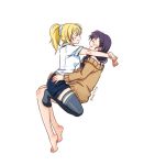  arms_around_neck ayase_eli barefoot blonde_hair blush closed_eyes love_live! love_live!_school_idol_project multiple_girls ponytail purple_hair sitting sitting_on_lap sitting_on_person sos77755 sweater thighhighs toujou_nozomi twitter_username white_background yuri 