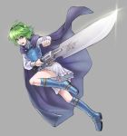  blue_eyes blush cape crossover final_fantasy final_fantasy_viii fire_emblem fire_emblem:_rekka_no_ken fire_emblem_heroes gloves green_hair gunblade hairband highres long_hair looking_at_viewer nino_(fire_emblem) open_mouth short_hair skirt solo sword weapon 