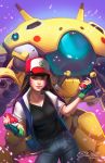  amber_harris baseball_cap breasts brown_eyes brown_hair cleavage commentary cosplay d.va_(overwatch) facepaint facial_mark fingerless_gloves gloves green_gloves hat holding holding_poke_ball jacket large_breasts long_hair looking_at_viewer mecha meka_(overwatch) open_clothes open_jacket overwatch pikachu poke_ball poke_ball_(generic) pokemon pokemon_(anime) satoshi_(pokemon) satoshi_(pokemon)_(cosplay) short_sleeves signature solo watermark web_address whisker_markings 