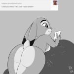  2018 absurd_res anthro avian bed big_breasts big_butt big_eyes bird blush breasts butt canine disney female fox fur grey_fur greyscale hi_res huge_breasts huge_butt judy_hopps lagomorph long_ears looking_at_viewer looking_back lying mammal monochrome nick_wilde nude photo rhuanfps short_tail simple_background solo tumblr zootopia 