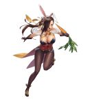  alternate_costume animal_ears bangs bare_shoulders breasts brown_eyes brown_hair bunny_ears carrot cleavage cuboon fake_animal_ears fire_emblem fire_emblem_heroes fire_emblem_if food full_body gloves hair_over_one_eye highres holding holding_vegetable kagerou_(fire_emblem_if) large_breasts leg_up leotard long_hair looking_to_the_side official_art open_mouth pantyhose sandals shiny shiny_skin solo transparent_background 