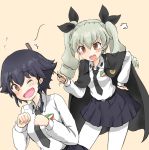  2girls anchovy angry anzio_school_uniform bangs belt black_belt black_cape black_hair black_neckwear black_ribbon black_skirt braid brown_eyes cape clenched_hand commentary_request dress_shirt drill_hair emblem eyebrows_visible_through_hair flying_sweatdrops frown fume girls_und_panzer green_hair hair_ribbon hand_on_hip highres hitting leaning_forward long_hair long_sleeves looking_at_another looking_back miniskirt multiple_girls necktie one_eye_closed open_mouth pantyhose pepperoni_(girls_und_panzer) pleated_skirt red_eyes ribbon riding_crop school_uniform shirt short_hair shouting side_braid skirt smile standing twin_drills twintails v-shaped_eyebrows wabiushi white_legwear white_shirt yellow_background 