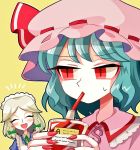  :d ^_^ apron bangs blood blood_bag blood_type blue_shirt blush braid closed_eyes collared_shirt commentary_request drinking drinking_blood drinking_straw eyebrows_visible_through_hair eyelashes fingernails frilled_apron frilled_shirt_collar frills green_neckwear green_ribbon hair_ribbon happy hat hat_ribbon highres holding izayoi_sakuya jitome light_blue_hair maid_headdress mob_cap multiple_girls nail_polish open_mouth parted_bangs pink_hat pink_shirt red_eyes red_nails red_ribbon remilia_scarlet ribbon sharp_fingernails shirt short_hair side_braid silver_hair simple_background slit_pupils smile sweatdrop tana_(shelf_tmm) touhou twin_braids yellow_background 