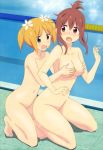  2girls blonde_hair blush breasts convenient_censoring couple grope looking_at_another multiple_girls nipples nude official_art open_mouth photoshop pigtails pink_hair pool sakura_trick short_hair sonoda_yuu surprised takayama_haruka water yuri 