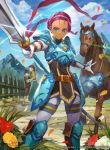  armor armored_boots blue_eyes boots breastplate company_name dark_skin day faceless faceless_female fiona_(fire_emblem) fire_emblem fire_emblem:_akatsuki_no_megami fire_emblem_cipher flower gloves grass hairband helmet hmk84 horse mountain official_art petals pink_hair polearm sky solo_focus spear weapon 