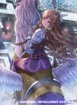  armor ass bangs brown_hair commentary company_name copyright_name day dress eyebrows_visible_through_hair fire_emblem fire_emblem:_kakusei fire_emblem_cipher from_behind gauntlets hair_ornament kousei_horiguchi long_hair looking_at_viewer looking_back official_art outdoors pegasus pegasus_knight polearm short_dress shoulder_armor shoulder_pads smile spear sumia thighhighs weapon wings zettai_ryouiki 
