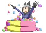  animal_ears arms_up ball ball_pit black_bow black_hair blush bow bowtie closed_eyes commentary_request eyebrows_visible_through_hair fox_ears fur_trim gloves gradient_hair grey_hair happy highres jacket kemono_friends kemono_friends_pavilion long_hair multicolored_hair nitouryuu_sankakkei open_mouth playground_equipment_(kemono_friends_pavilion) silver_fox_(kemono_friends) smile solo 