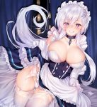  anchor_print apron asymmetrical_bangs azur_lane bangs belfast_(azur_lane) blue_eyes blush braid breasts chain cleavage collar collarbone commentary_request condom curtains dress elbow_gloves eyebrows_visible_through_hair frills garter_belt gloves grin indoors large_breasts lifted_by_self long_hair looking_at_viewer maid maid_headdress night obiwan panties parted_lips silver_hair skirt skirt_lift smile solo teeth thighhighs underwear waist_apron white_gloves white_hair white_legwear white_panties window 