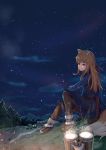  animal_ears belt blue_shirt brown_hair cloud cloudy_sky dirt_road forest fur-trimmed_boots fur-trimmed_skirt fur-trimmed_vest fur_trim highres holo j.xh long_hair nature night night_sky outdoors red_eyes shirt sitting sky smile solo spice_and_wolf star_(sky) tail wolf_ears wolf_girl wolf_tail 