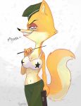  anthro bra breasts canine cleavage clothed clothing eyewear female fox fur glasses hat kuperundart looking_at_viewer lt._fox_vixen mammal military_uniform navel pussy_juice sek_studios smile solo squirrel_and_hedgehog underwear undressing uniform 