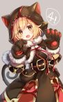  :d animal_hood bangs belt belt_buckle black_belt black_capelet black_dress blonde_hair blush brown_eyes buckle capelet cat_hood cat_tail commentary_request cosplay crystal djeeta_(granblue_fantasy) dress eyebrows_visible_through_hair fang fur-trimmed_capelet fur-trimmed_gloves fur_trim gloves gomano_rio granblue_fantasy grey_background hair_between_eyes head_tilt highres hood hood_up hooded_capelet knights_of_glory kuronekodoushi kuronekodoushi_(cosplay) looking_at_viewer open_mouth paw_gloves paws simple_background smile solo tail 