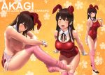  akagi_(kantai_collection) animal_ears arms_on_knees bare_legs black_footwear blush breasts brown_hair bunny_ears bunny_girl character_name cleavage closed_mouth competition_school_swimsuit covered_navel detached_collar fake_animal_ears floral_background from_side full_body highres kantai_collection large_breasts leaning_forward leg_warmers long_hair looking_at_viewer multiple_views nipples one-piece_swimsuit open_mouth pink_legwear red_swimsuit school_swimsuit shoes sitting smile swimsuit swimsuit_pull toeless_legwear topless upper_body wa_(genryusui) wrist_cuffs yellow_background 