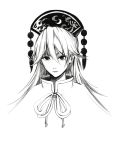  closed_mouth commentary ears eyebrows_visible_through_hair eyelashes greyscale hair_between_eyes headdress highres junko_(touhou) long_hair looking_at_viewer monochrome neck_ribbon portrait ribbon shiguma_(signalmass) simple_background solo tassel touhou turtleneck 