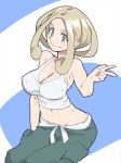  arm_at_side bare_arms bare_shoulders blonde_hair blush breasts cleavage closed_mouth green_eyes green_pants large_breasts looking_at_viewer navel pants pokemon pokemon_(game) pokemon_xy short_hair sidelocks sitting sleeveless smile solo stomach tank_top tareme two-tone_background v viola_(pokemon) white_tank_top zaitsu 