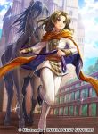  brown_eyes brown_hair cape chachie company_name fire_emblem fire_emblem:_seisen_no_keifu fire_emblem_cipher horse long_hair male_focus official_art oifaye_(fire_emblem) sky solo sparkle tree younger 