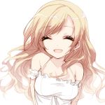  :d ^_^ absurdres bad_id bad_pixiv_id bangs bare_shoulders blonde_hair breasts cleavage closed_eyes commentary cuffs dress eyebrows_visible_through_hair hair_between_eyes highres long_hair medium_breasts misteor open_mouth original smile solo white_background white_dress 