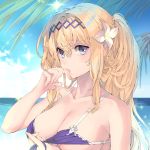  bangs bare_shoulders beach bikini bikini_pull blonde_hair blue_eyes blush breasts cleavage collarbone commentary_request day eyebrows_visible_through_hair flower granblue_fantasy hair_between_eyes hair_flower hair_ornament hairband hand_up highres horizon jeanne_d'arc_(granblue_fantasy) large_breasts lips looking_at_viewer naruse_hirofumi ocean palm_tree parted_lips ponytail purple_bikini sidelocks sky solo swimsuit tree upper_body white_flower 