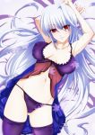  bed blue_hair blush breasts breasts_apart cameltoe covered_nipples groin highres large_breasts lingerie looking_at_viewer lyrical_nanoha mahou_shoujo_lyrical_nanoha navel negligee panties purple_legwear purple_panties red_eyes reinforce smile solo tappa_(esperanza) thighhighs underwear 