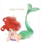  ano_(sbee) ariel_(disney) artist_name bikini_top blue_eyes bubble disney hand_on_own_chin happy happy_birthday long_hair looking_at_viewer mermaid monster_girl red_hair shell shell_bikini simple_background smile solo the_little_mermaid white_background 