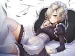  apron arm_support azur_lane bangs bed_sheet black_dress blush braid breasts chain closed_mouth commentary_request cross dress frilled_apron frilled_pillow frills garter_straps hair_over_one_eye hand_up juliet_sleeves karumayu light_brown_hair long_sleeves looking_at_viewer lying maid maid_headdress on_back pillow puffy_sleeves sheffield_(azur_lane) small_breasts solo thighhighs waist_apron white_apron white_legwear yellow_eyes 