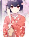  bag blue_hair blurry bokeh cherry_blossoms commentary depth_of_field doll floral_print hair_ornament idolmaster idolmaster_shiny_colors japanese_clothes kimono long_sleeves looking_at_viewer manio morino_rinze parted_lips petals red_eyes red_kimono solo wide_sleeves 