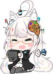  :d ahoge animal_ears bailingxiao_jiu bangs black_jacket black_legwear blush canvas_(object) cat_ears chibi closed_eyes commentary_request eyebrows_visible_through_hair facing_viewer fang fox_mask glasses holding jacket lantern long_hair long_sleeves low_twintails mask mask_on_head open_clothes open_jacket open_mouth original paint_tube paintbrush pleated_skirt red-framed_eyewear seiza semi-rimless_eyewear shirt sidelocks silver_hair simple_background sitting skirt smile solo thighhighs twintails under-rim_eyewear very_long_hair white_background white_shirt white_skirt 