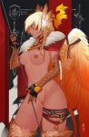  black_gloves blonde_hair braid breasts cape commentary dark_skin english_commentary feathered_wings fingerless_gloves flag fur fur-trimmed_cape fur_trim gloves gold_trim griffon_(monster_girl_encyclopedia) highres less medal medium_breasts monster_girl monster_girl_encyclopedia naked_cape navel neck_ribbon nipples nude profile red_cape red_eyes red_ribbon ribbon serious solo wings 