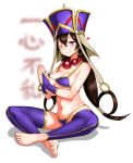  ;) bangs barefoot bead_necklace beads bikini blush breasts brown_hair closed_mouth commentary_request earrings fate/grand_order fate_(series) full_body hat heart highres hoop_earrings indian_style jewelry large_breasts long_hair looking_at_viewer necklace one_eye_closed prayer_beads purple_bikini purple_eyes purple_legwear shadow sidelocks sitting smile solo swimsuit thighhighs toeless_legwear xuanzang_(fate/grand_order) zaxwu 